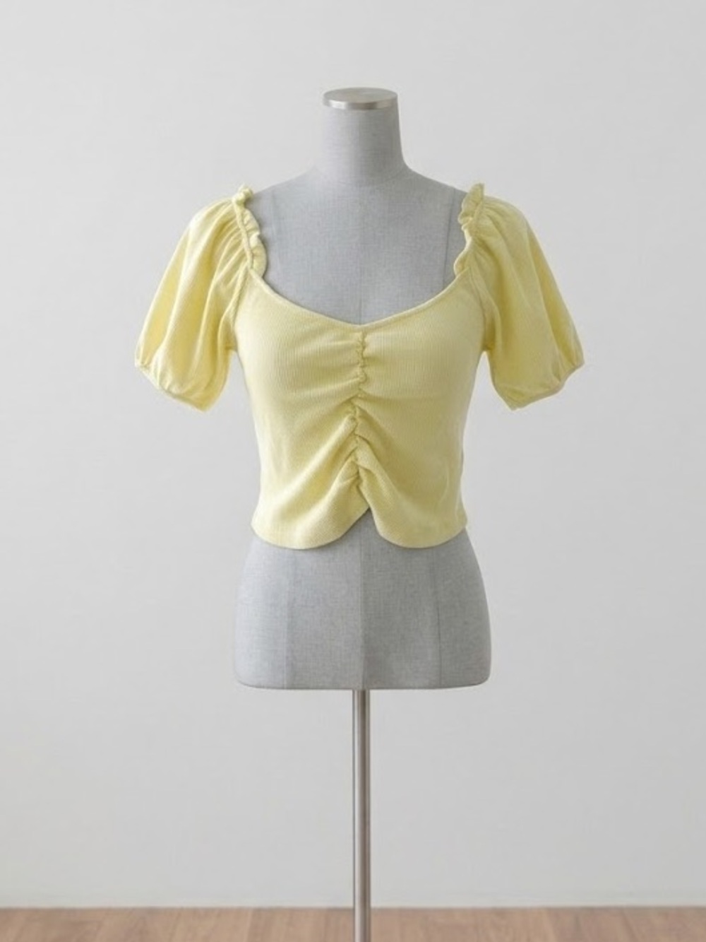 Forever 21 Yellow Puff Sleeve Ruched Crop Top